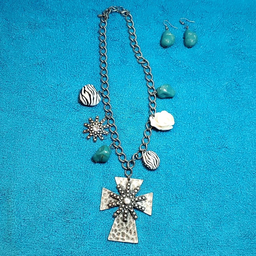 Western Style Cross Necklace and Earrings Set, Turquoise,  Zebra, Flower - Picture 3 of 10